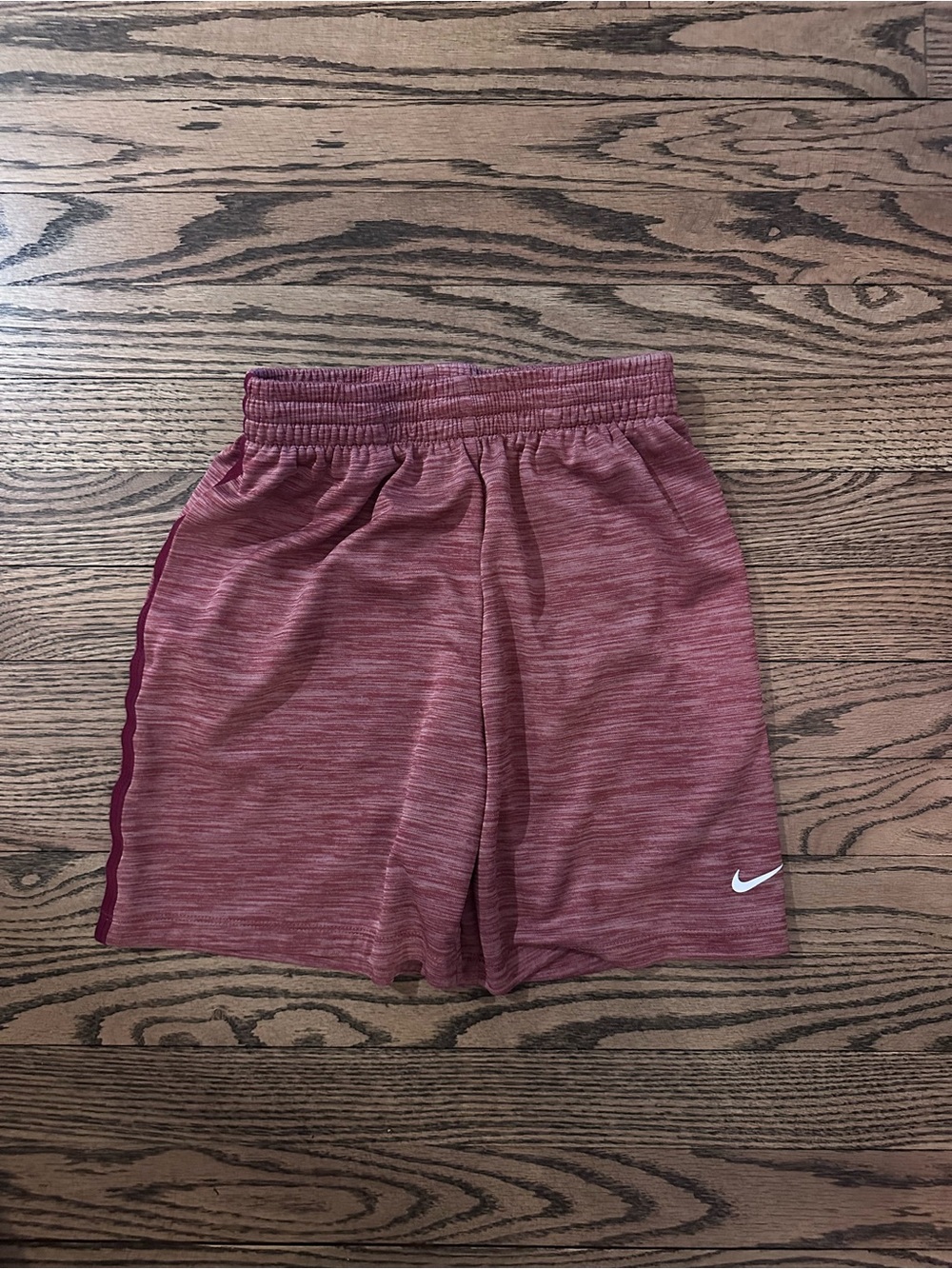 Nike Kids' Red-Maroon Athletic Shorts with White Swoosh